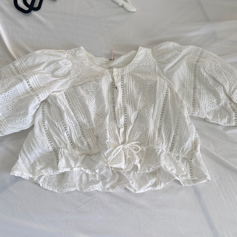 Free People White Eyelet Tie-Front Peasant Top